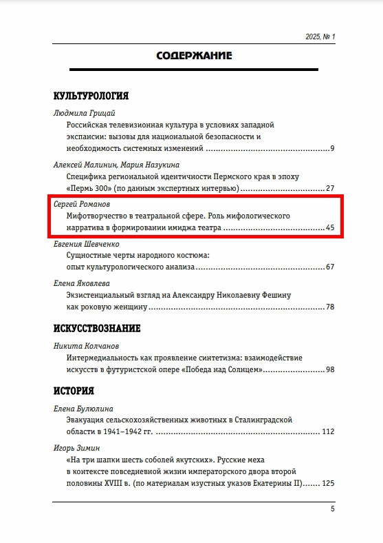 Оглавление журнала "Культурный код" (1/2025) со статьей С. А. Романова