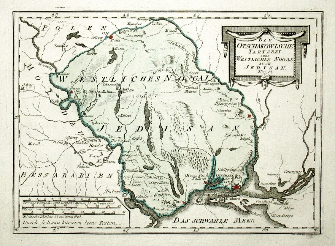 
Карта, изданная в Вене около 1790 года, на которой указаны границы области «очаковских татар или западных ногаев в Едисане»
Источник: ru.wikipedia.org