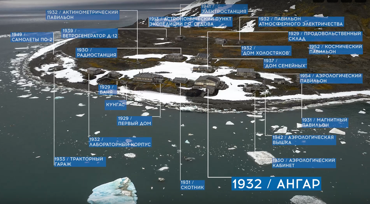 Расположение строений на полярной станции «Бухта Тихая». Скотншот из видео о создании музея. Источник: vk.com/public221132325