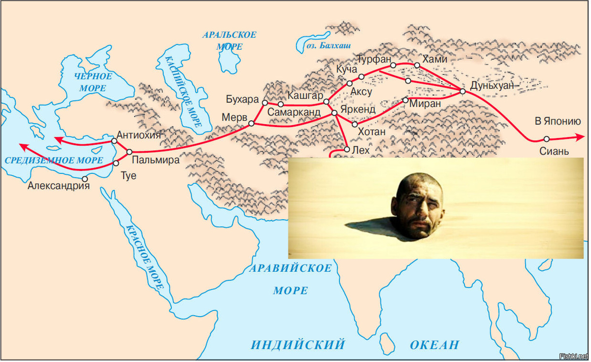 Коллаж карты с m.fishki и кадра из советского кино Владимира Мотыля «Белое солнце пустыни»