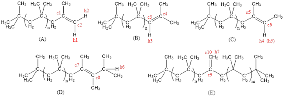 Структурные формулы полиизобутиленов с экзо- (A), эндо- (B), тризамещенными (C), тетразамещенными (D) олефиновыми группами, а также сдвоенный полиизобутилен (Е) с внутренней экзо-олефиновой группой.