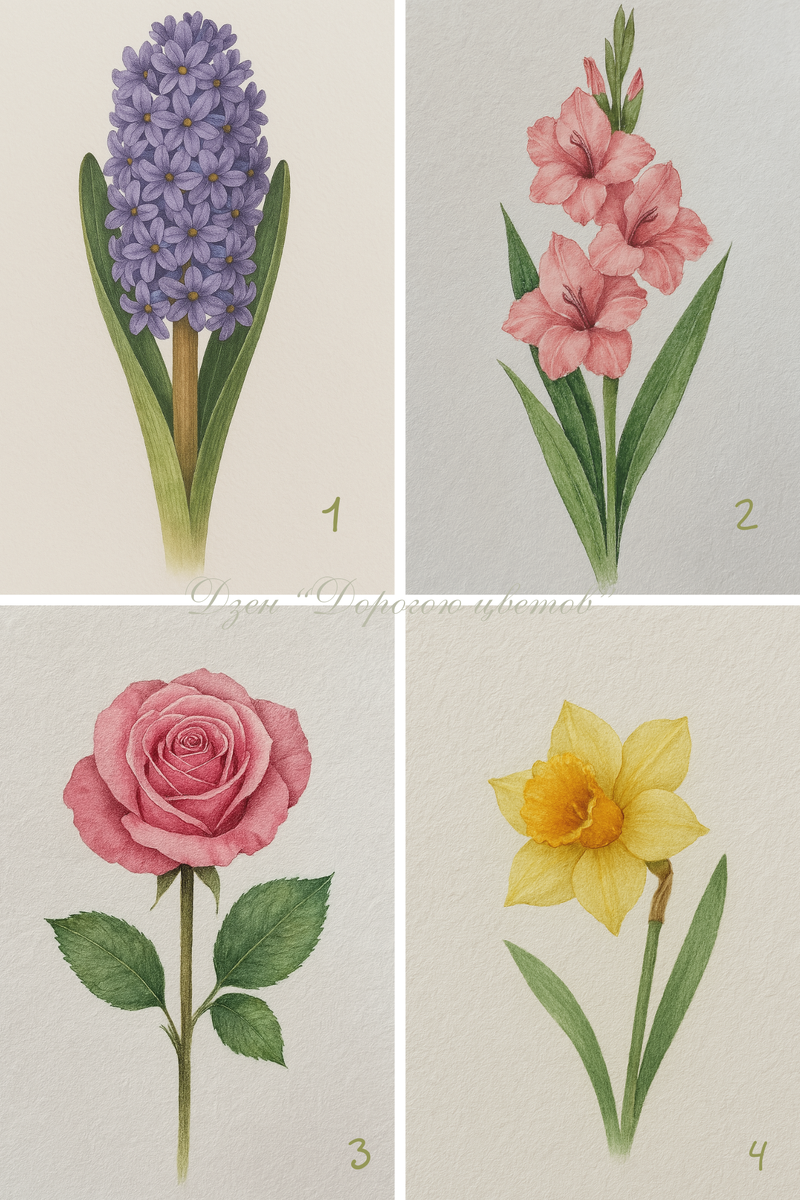 1-гиацинт, 2 - гладиолус, 3 - роза, 4 - нарцисс. Рисунки созданы в нейросети chat gpt