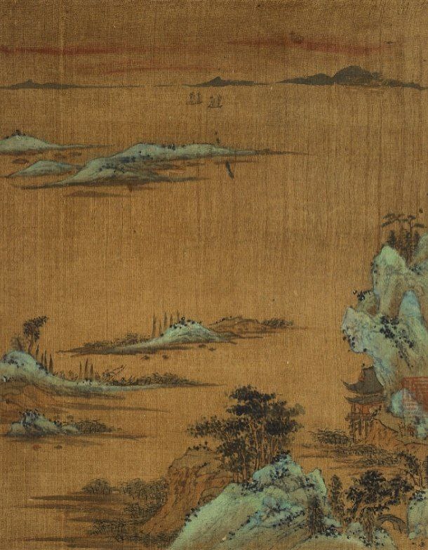 «Павильон на берегу с видом на острова». Неизвестный художник дин. Цин (1644 — 1911 гг). Тушь и цвет на шёлке