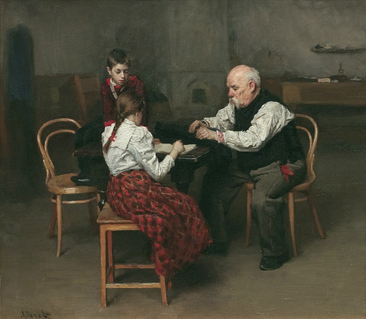 Бытовая сцена. Дедушка помогает внучке с домашним заданием. Попов Л.В.