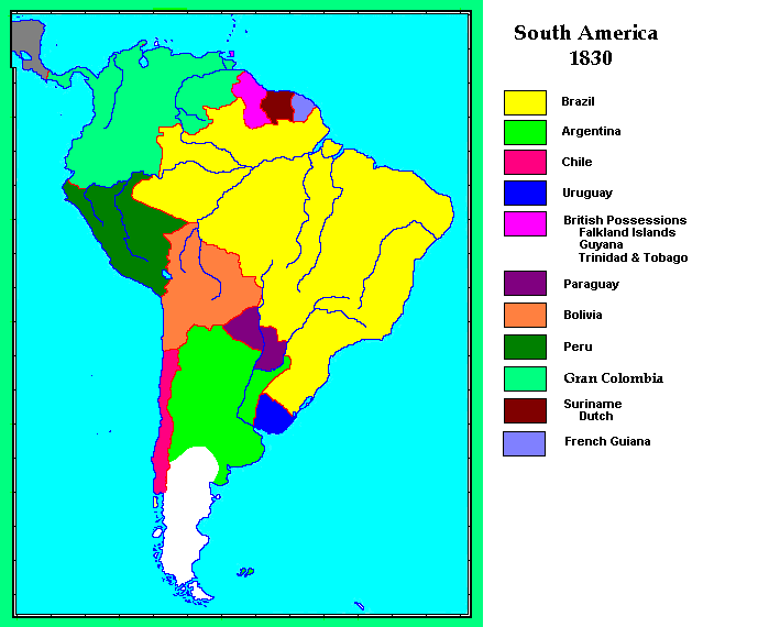 Карта Южной Америки в 1830 году. Темно-фиолетовым изображена территория Парагвая.