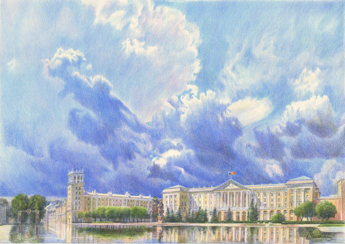 Ксения Тихонова. Серия: Удивительный Смоленск. Лист: Площадь Ленина. Майская гроза. 2025. Бумага, цветной карандаш. 40Х53
