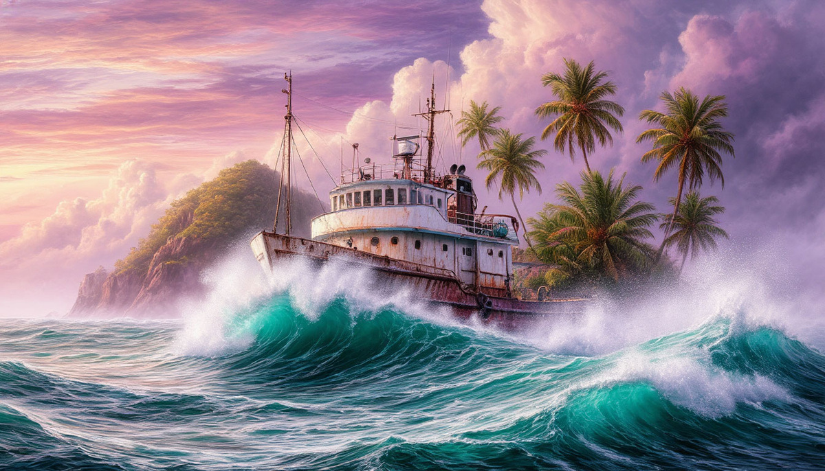 Шторм. Судно на рифах.