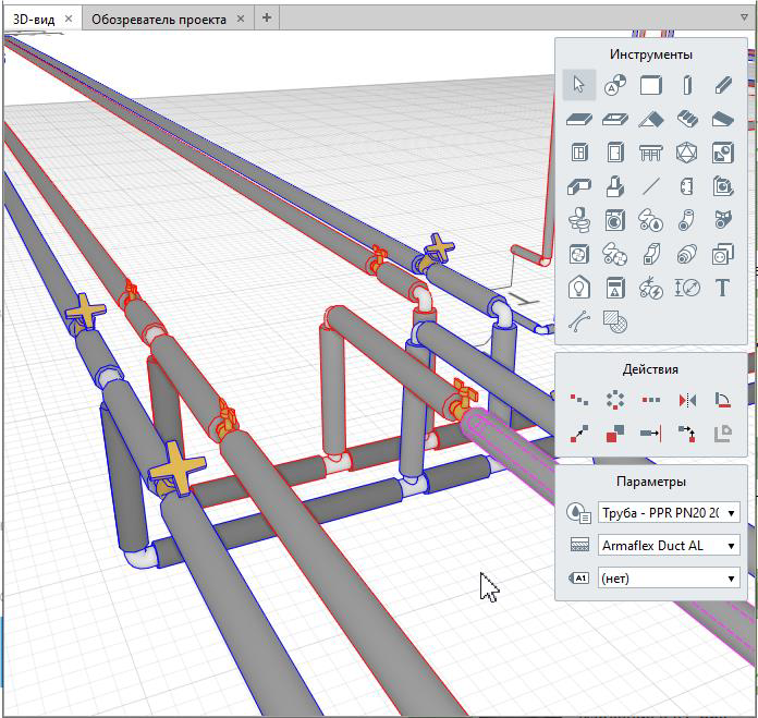 Часть системы теплоснабжения с изоляцией на трубах