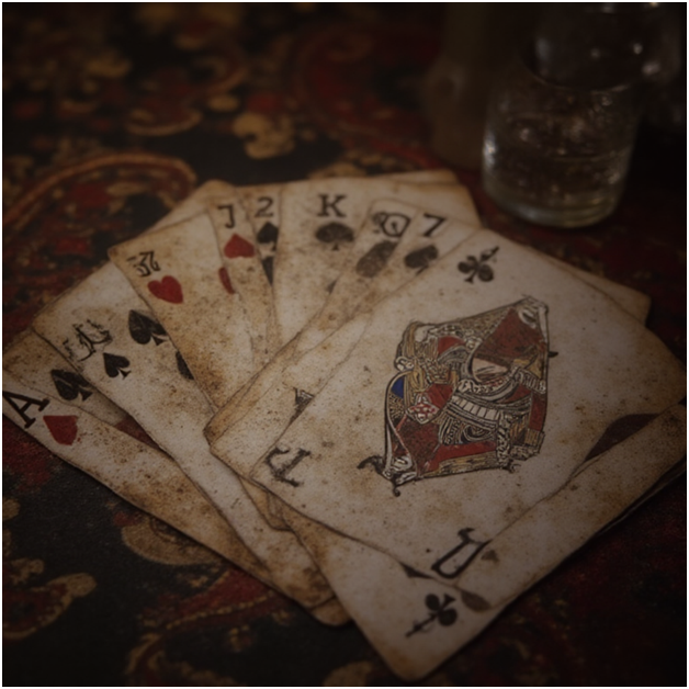 Создано нейросетью. Заказывала изобразить три карты: тройка, семерка, туз - получила это. Подумала и решила оставить: нечто атмосферное получилось у нейросети.  Грязная колода, грязные деньги...