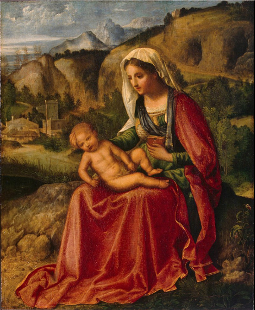 Джорджоне, Мадонна с младенцем в пейзаже, 1503. Холст, масло (переведена с дерева). Государственный Эрмитаж, Санкт-Петербург