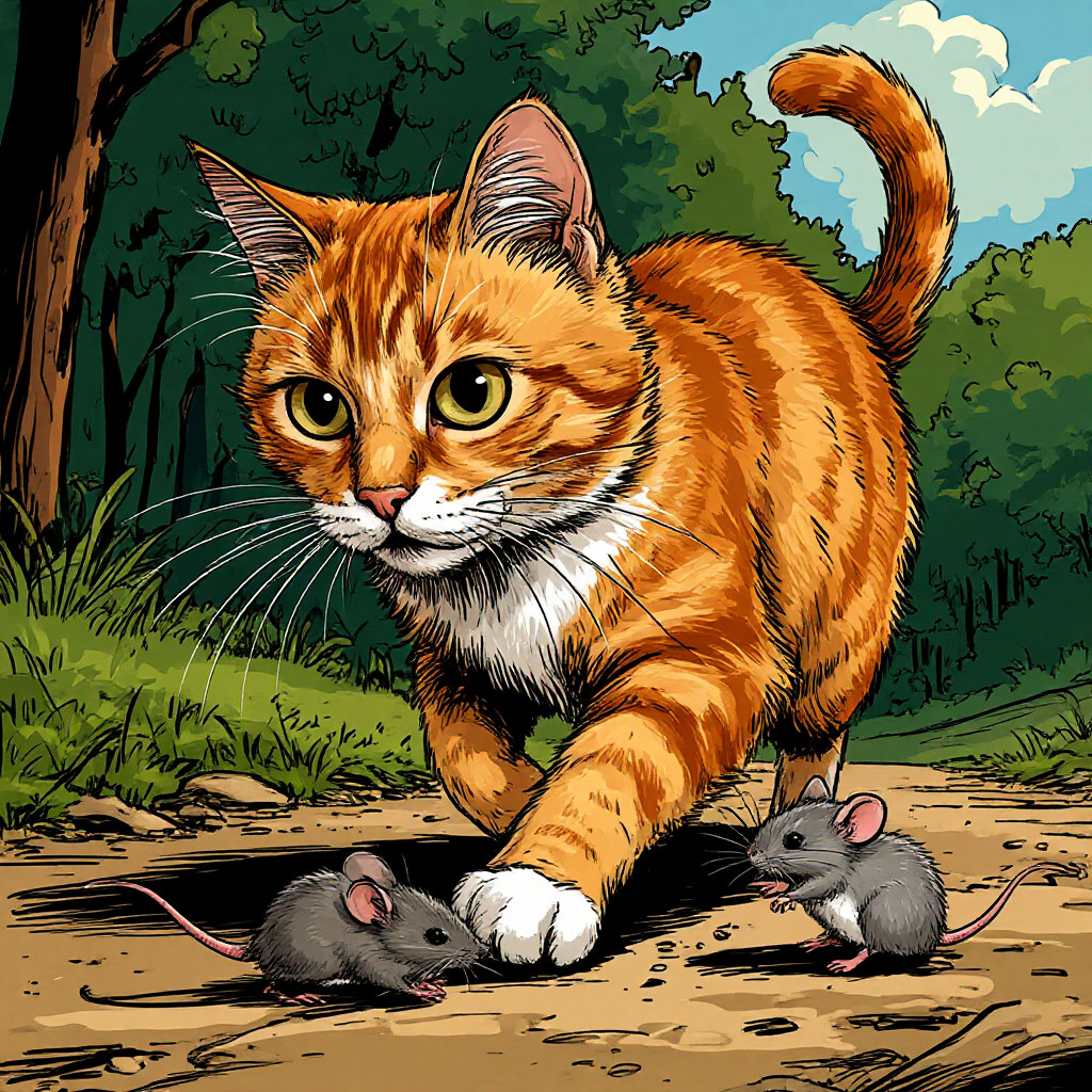 Кот охотится на мышь