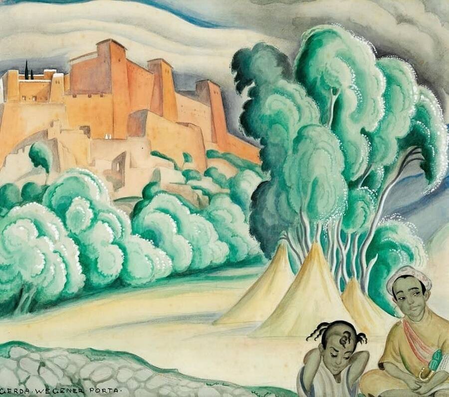 Вид на деревню с фигурами на переднем плане, Марокко (View towards village with figures in the foreground, Maroc)