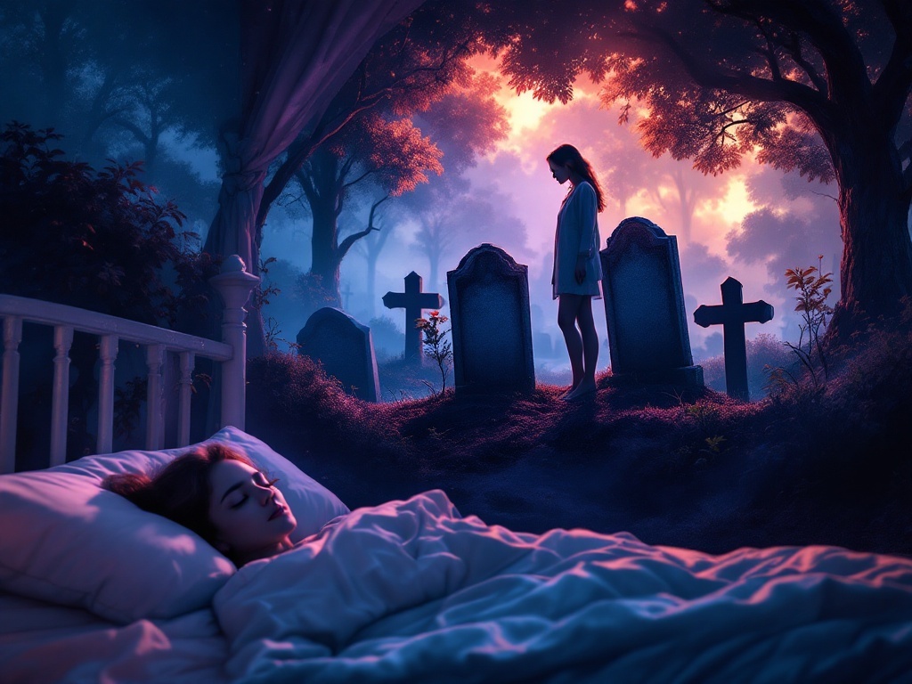    К чему такое снится: Женщина стоит на кладбище у двух раскопанных пустых могил, опустив взгляд в одну из них. Вокруг нее тихий, затененный участок с некоторыми деревьями и могильными пли