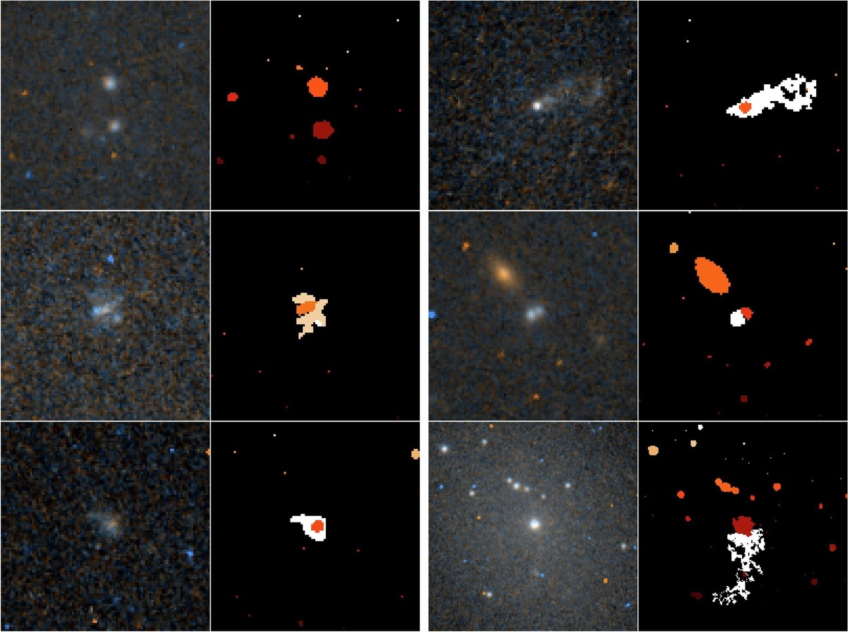 Составные сегментационные изображения, демонстрирующие обнаружение различных структур в области ядер карликовых галактик.    
 Источник: Nature (2025). DOI: 10.1038/s41586-025-08783-9  📷
