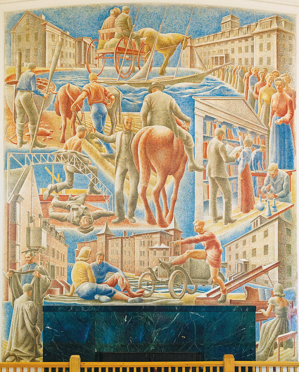 Алекс Колвилл, "История Маунт Эллисон", 1948, холст, яичная темпера, приклеенный к стене, 488 х 411 см, Студенческий центр Уоллеса Маккейна, Университет Маунт Эллисон, Саквилл.