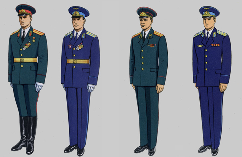 Парадная форма для офицеров (кроме ВВС, ВДВ), парадная форма офицеров ВВС, ВДВ, парадно-выходная форма офицеров (кроме ВВС, ВДВ), парадно-выходная форма офицеров ВВС, ВДВ (по Приказу 1969 г.). Изображение из открытых источников