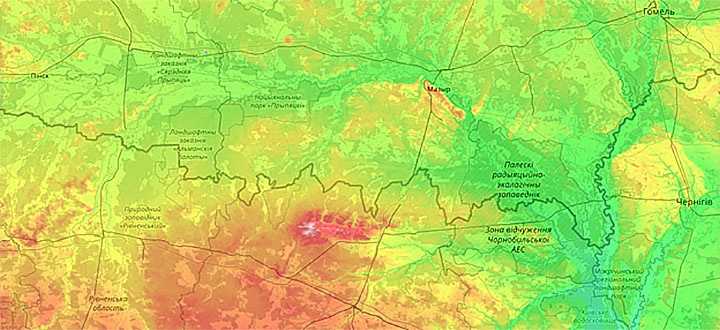Заболоченные низменности выделены зелёным цветом. Скриншот: topographic-map.com