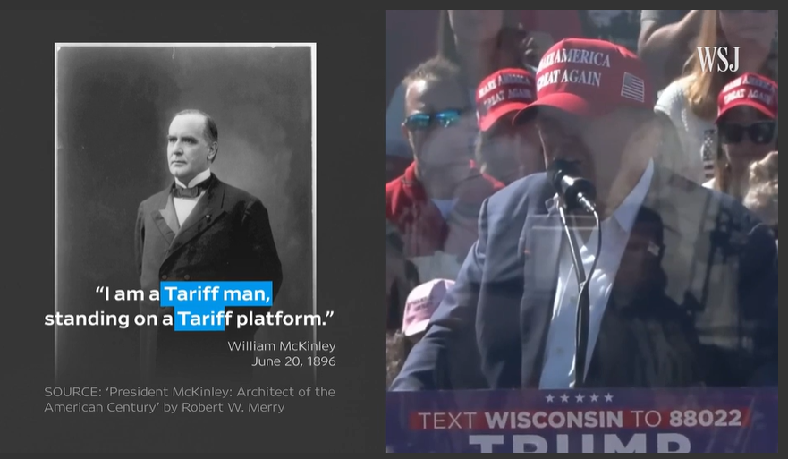 Бизнесмен и президент Трамп признается  в симпатии к Мак-Кинли. Цитата  Мак-Кинли:  "Я человек тарифов,  стоящий на ппатформе тарифов."