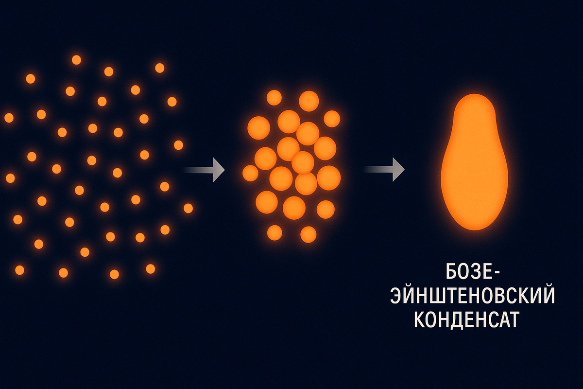 Процесс образования бозе-эйнштейновского конденсата.
Частицы «сливаются» в единое квантовое состояние при экстремальном охлаждении.