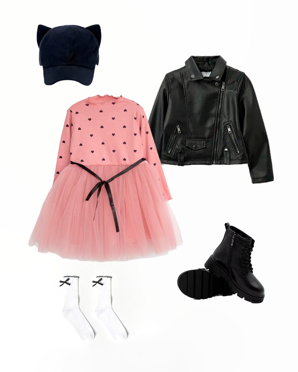 Ееее, рок! Играем на контрасте, как на электрогитаре: сочетаем милое платье с косухой и тяжелыми ботинками. Лук отлично подойдёт для фотосессий и «на выход» 