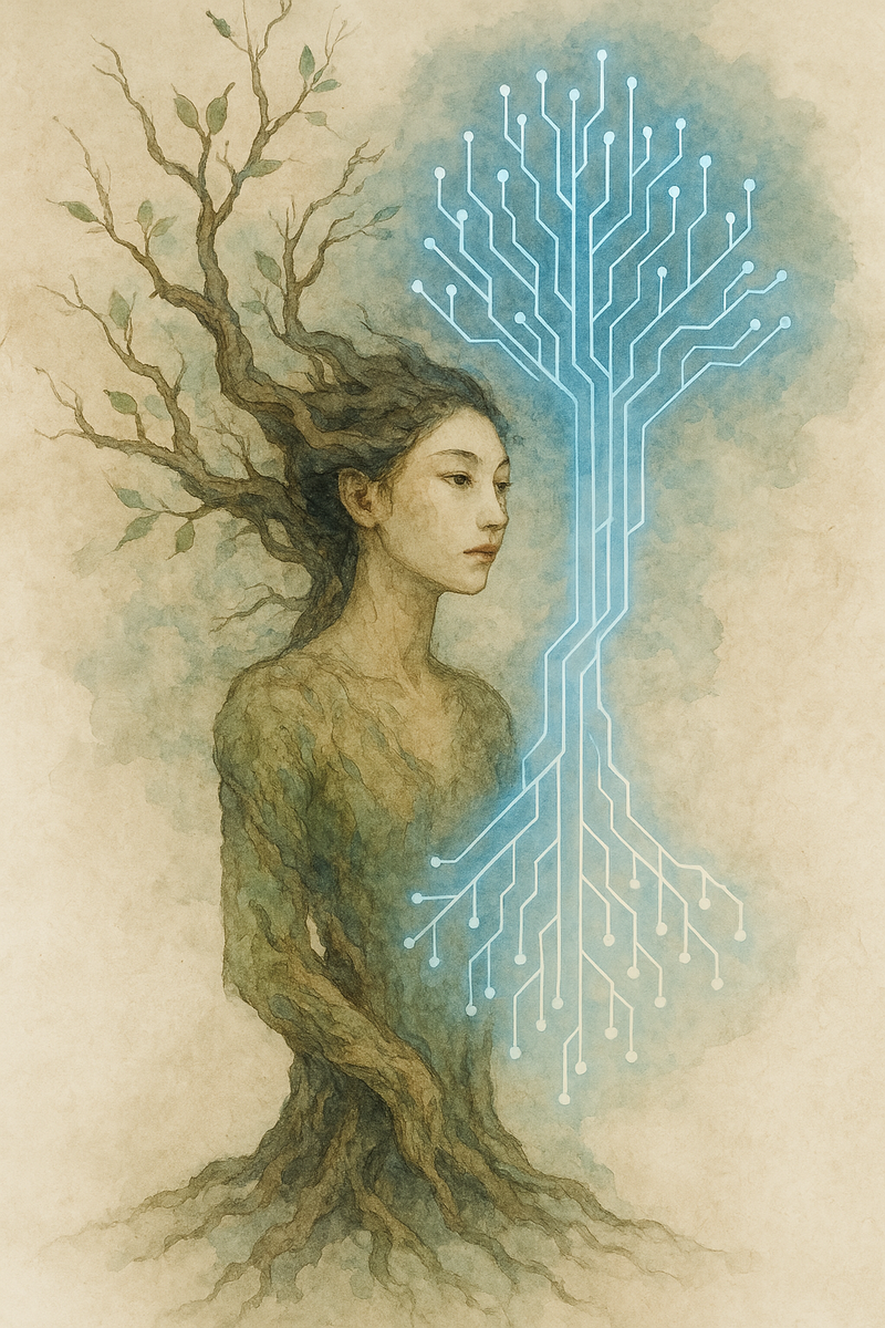 мифическая дриада, переходящая в цифровую форму, словно векторное древо из света