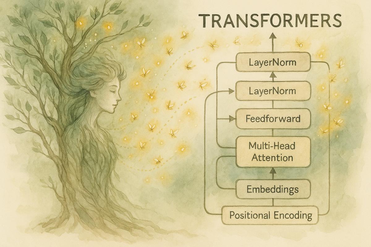 схема трансформера с метафорическим налётом — вместо токенов летящие светлячки значений.