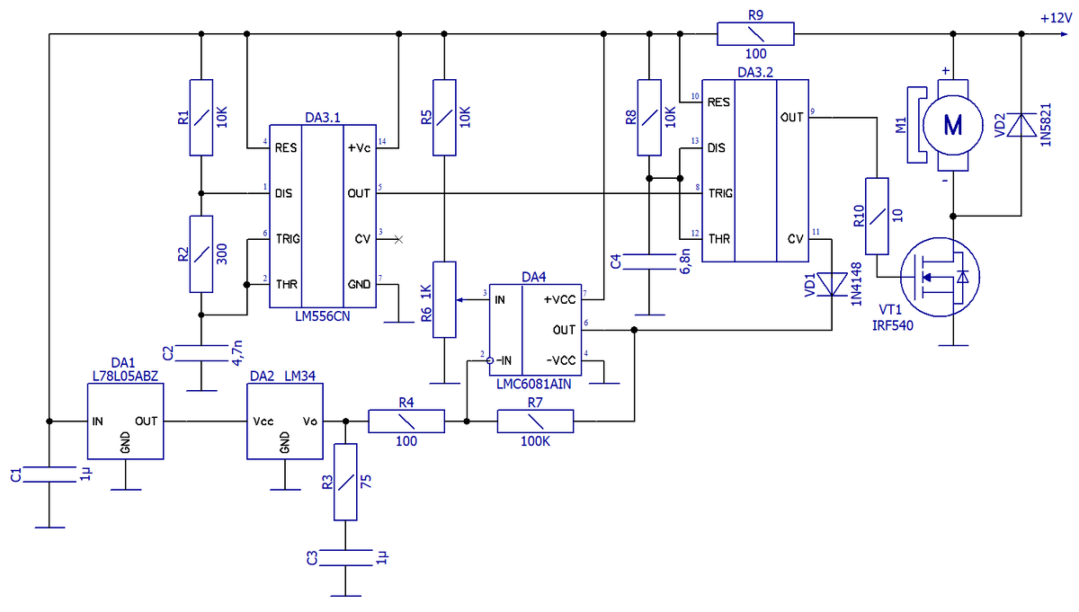 Схема электрическая принципиальная авторегулирования мощного вентилятора по температуре на датчике LM34