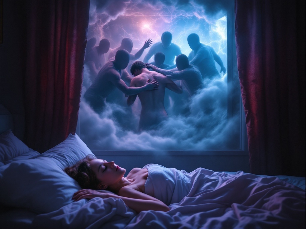    К чему такое снится: Художник рисует момент, когда человек в комнате в окружении нескольких фигур пытается вырваться, в то время как одна из фигур стягивает кожу с его спины. Экспрессия