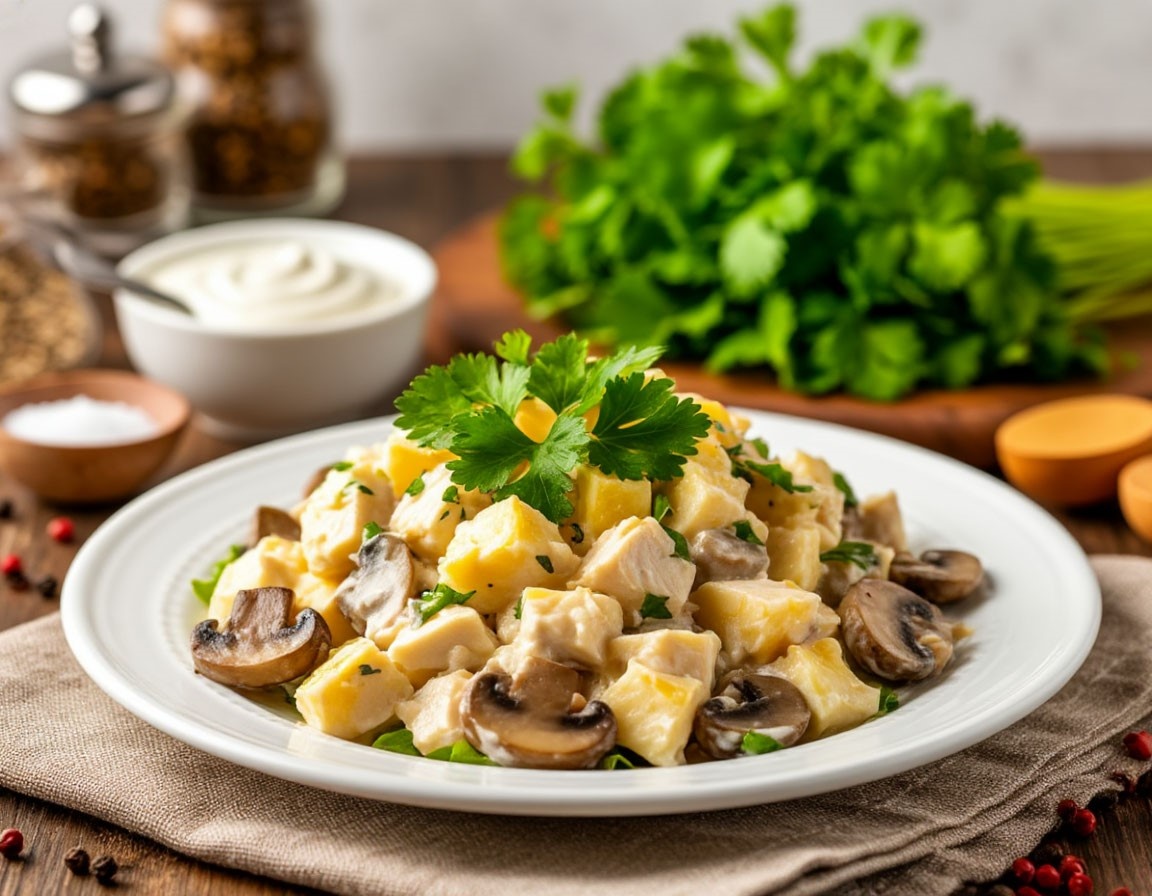 Салат с курицей, ананасами и грибами