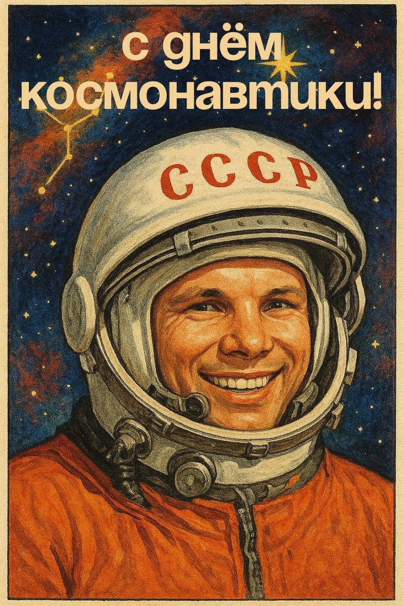 Открытка на День космонавтики 2025. Юрий Гагарин. 