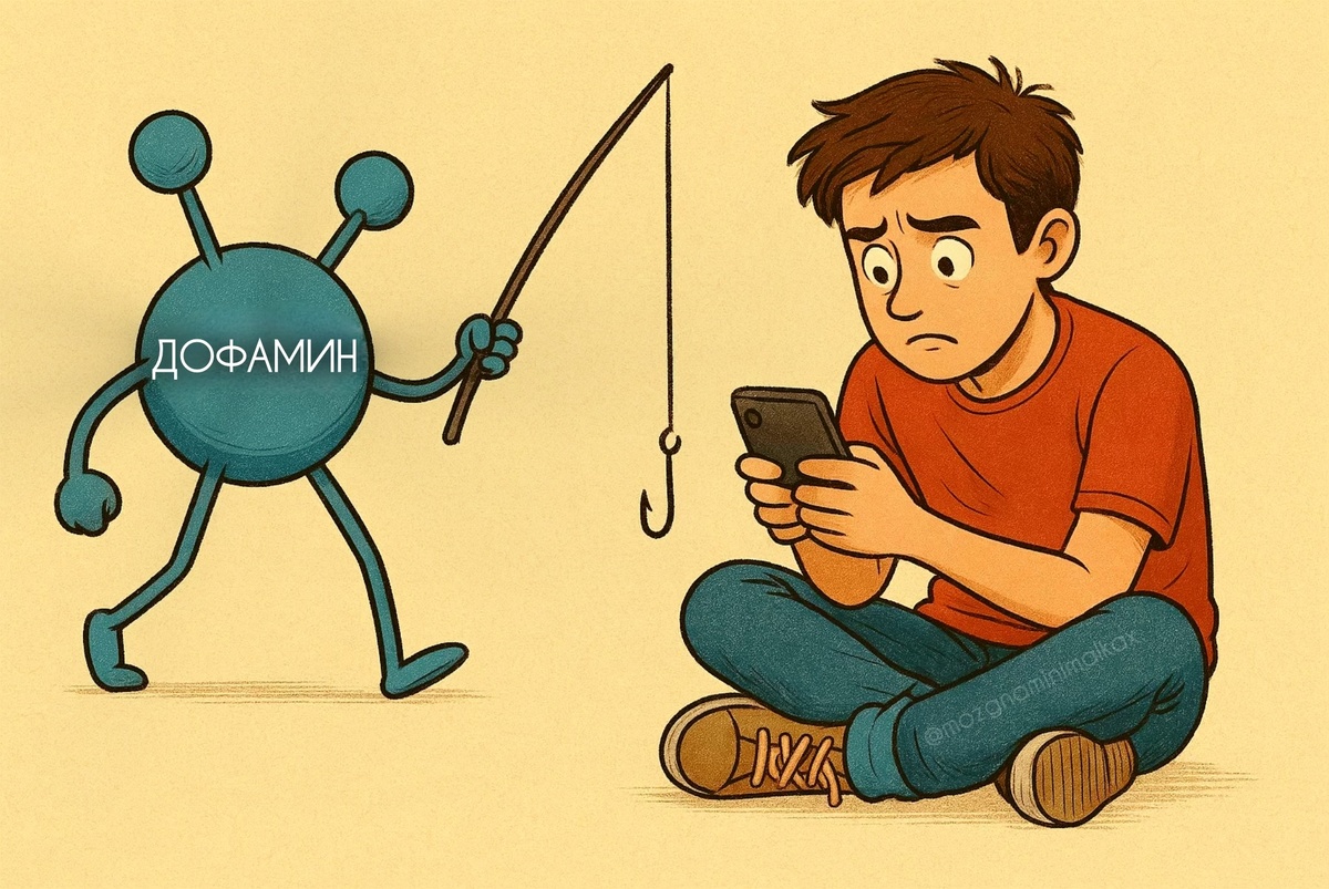 Дофамин — как бензин. Он помогает двигаться.
Но если ты жмёшь на газ без руля, карты и тормозов — можно улететь не туда.