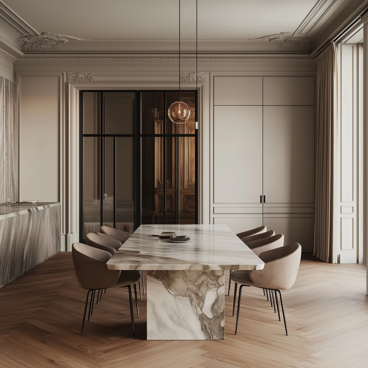 Мраморный стол в интерьере столовой комнаты