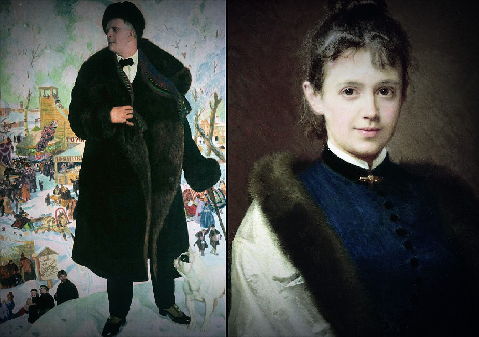 Слева - портрет Ф.И. Шаляпина в исполнении Бориса Кустодиева (1922). Справа - «Портрет неизвестной» кисти Ивана Крамскова (1884).