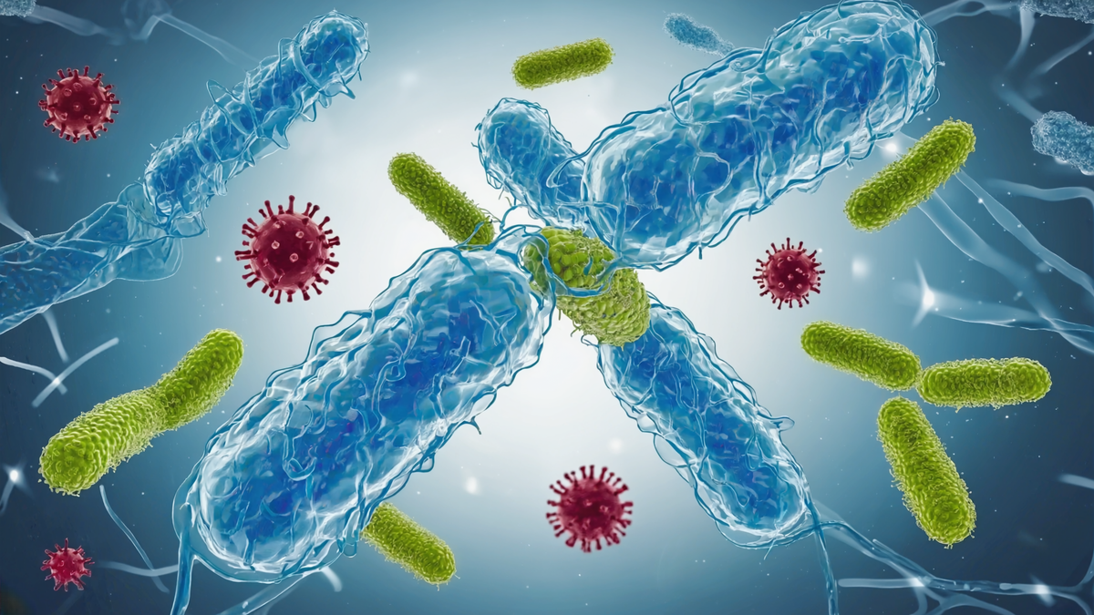 3D-визуализация микроскопических бактерий и спор плесени, парящих в воздухе в вашей  комнаты. Цвета: синие бактерии, зелёные споры грибов, красные вирусы.)