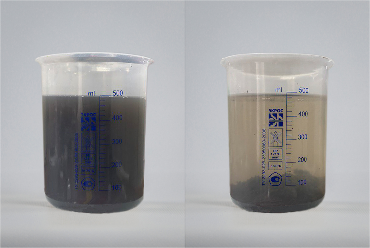 Фото до и после применения флокулянта Аквавалент®