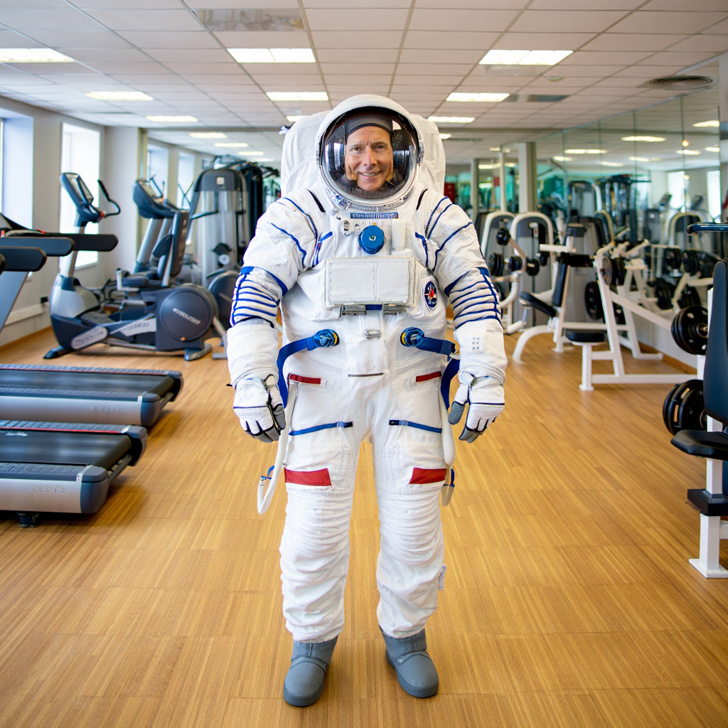Космонавт в спортивном зале.