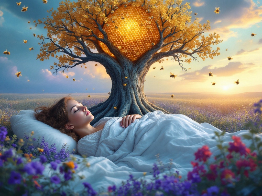    К чему такое снится: На картине изображен человек стоящий среди поля. На его теле, как на стволе дерева, заметен улей, из которого вылетают пчелы. Этот идиллический пейзаж отражает естес