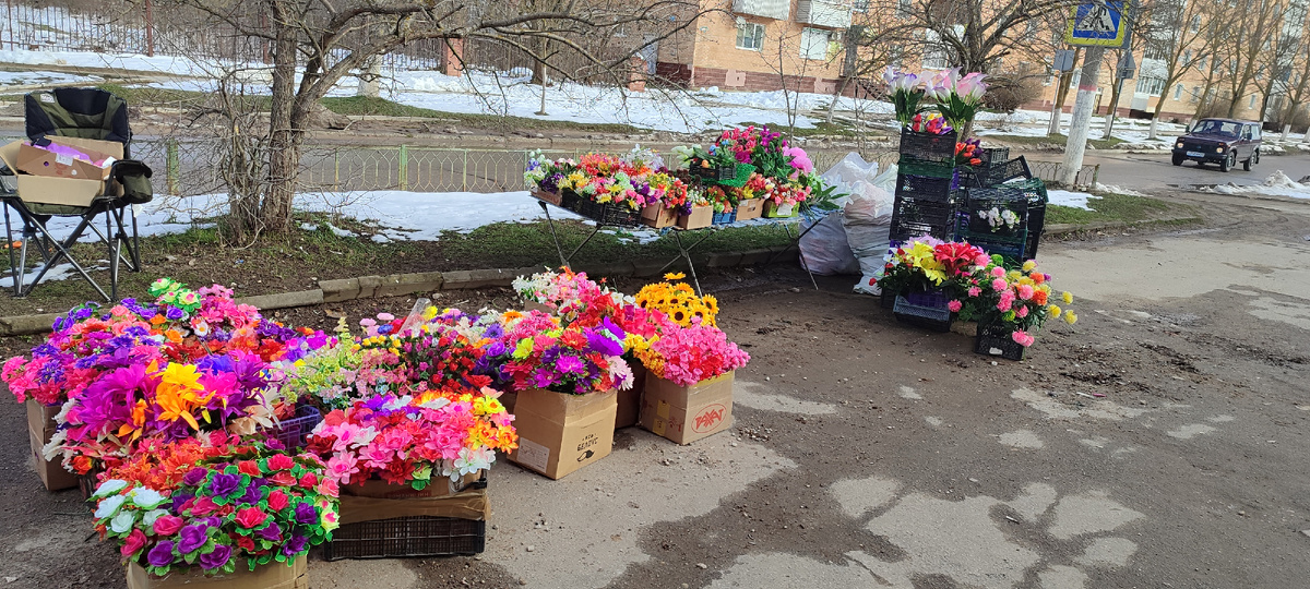 Слева дешевые цветы до 100 рублей. Они живут в картонных коробках. На столе - декоративки, они маленькие и тоже живут в картонках. Всё большое - в мешках