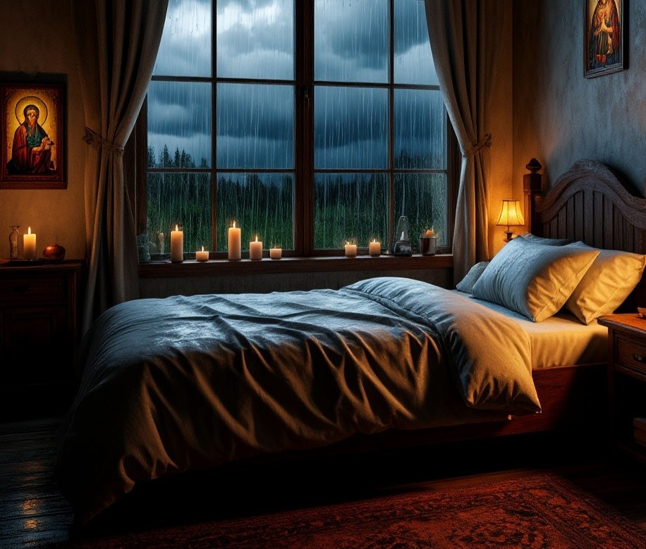 Спальня Прасковьи Ильиничны, дождь за окном