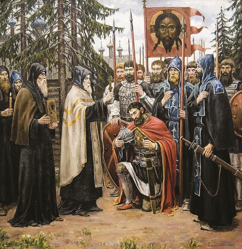 Преподобный Сергий Радонежский благословляет князя Димитрия на битву. Источник: https://vk.com/wall-79996240_76910?lang=en&z=photo-79996240_457265146%2Fce6840e8eb964ffc16