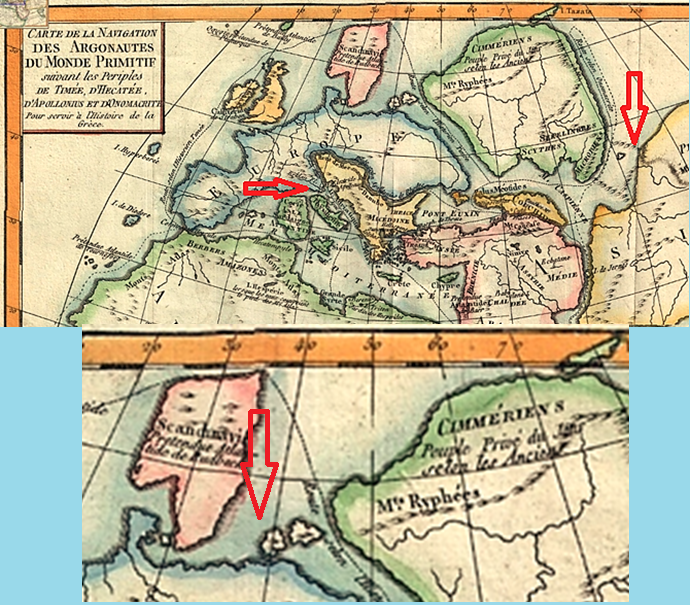 Карта навигации первобытного мира, Делиль де Саль, 1770. Стрелками на верхнем рисунке показаны верхние геомассивы в виде горных цепей, нависающих над морем и пролив между мужду будущей Италией и Европой, что стало Альпами именно из-за оседания верхних геомассивов. Внизу - острова будущей Балтики, где образовались янтарные месторождения.