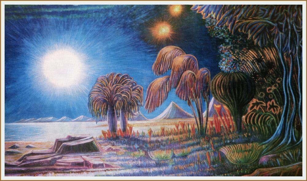 КАРТИНА ХУДОЖНИКА-ФАНТАСТА ГЕОРГИЯ ИВАНОВИЧА КУРНИНА " ПЛАНЕТА СИСТЕМЫ ТРЕХ СОЛНЦ"