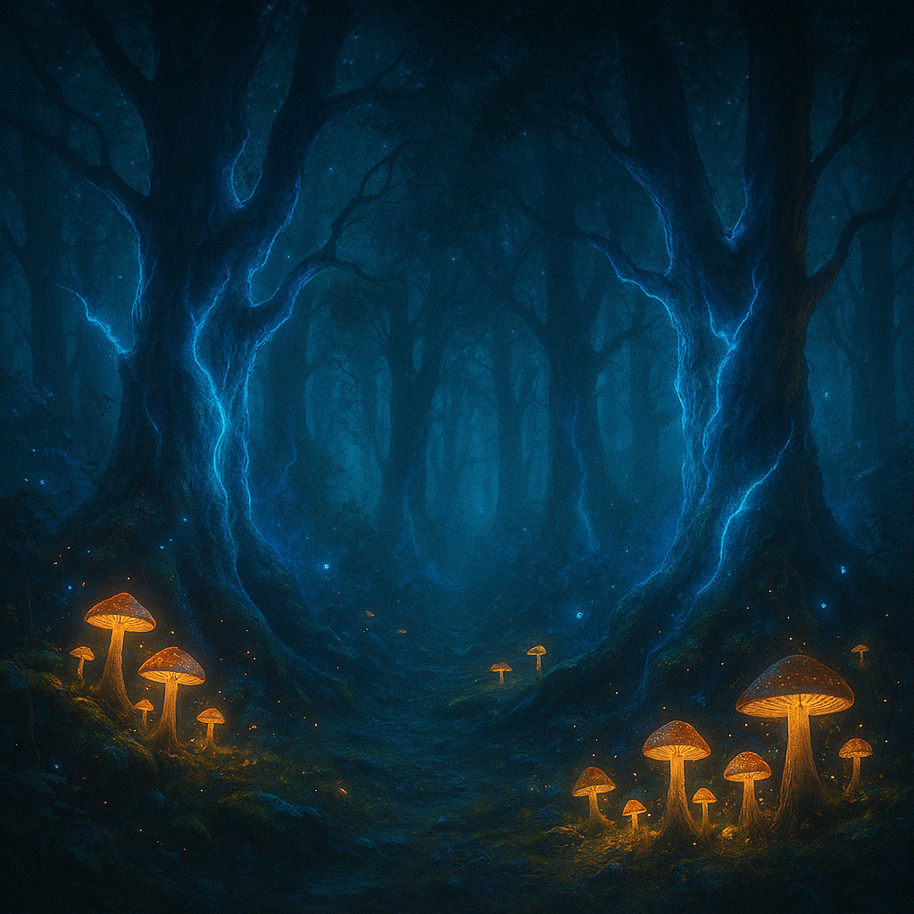 таинственный лес со светящимися грибами