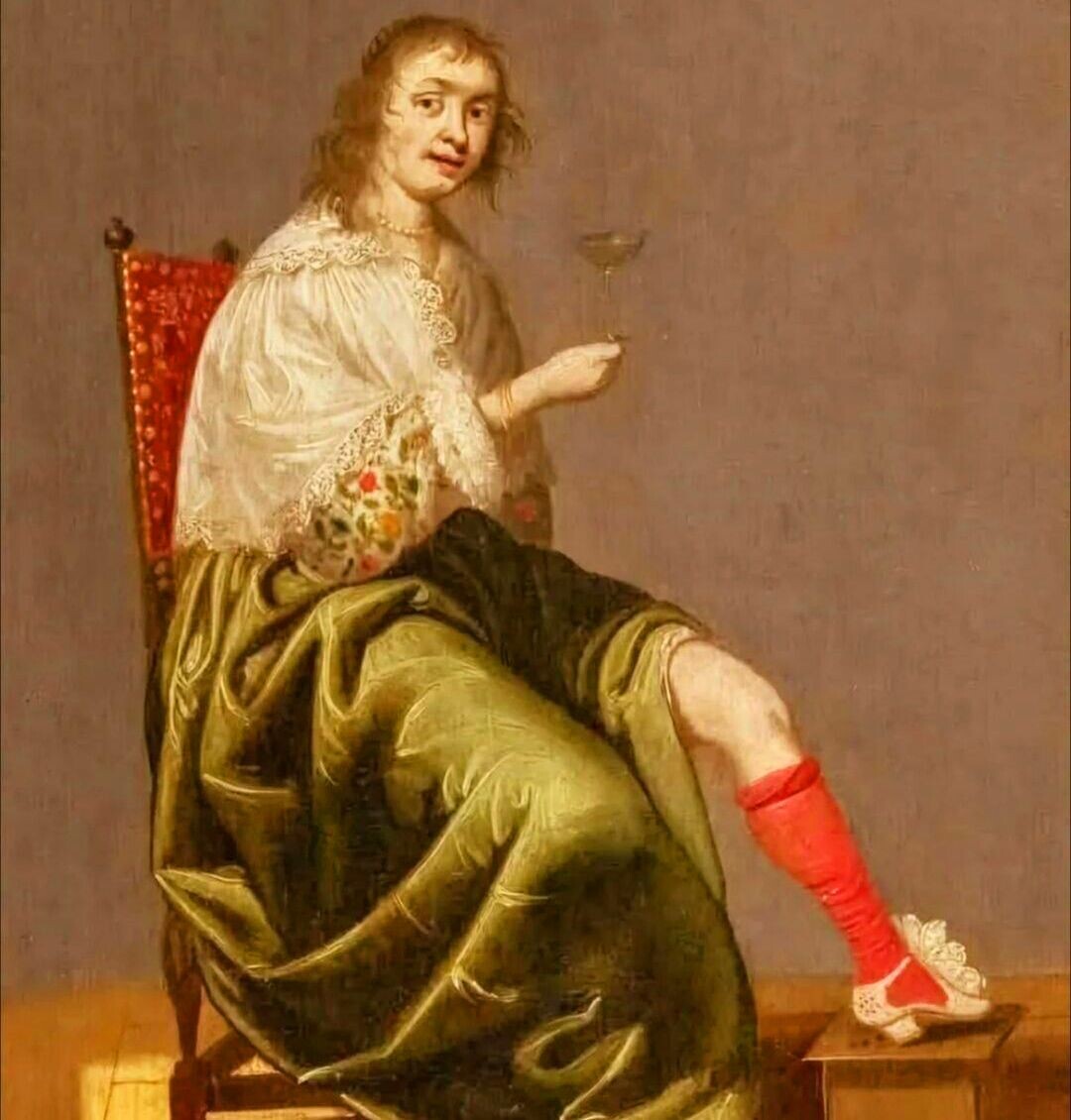 Взято из интернета. "Сидящая дама с бокалом вина в соблазнительной позе". Художник Якоб ван дер Мерк. 1645 год. 