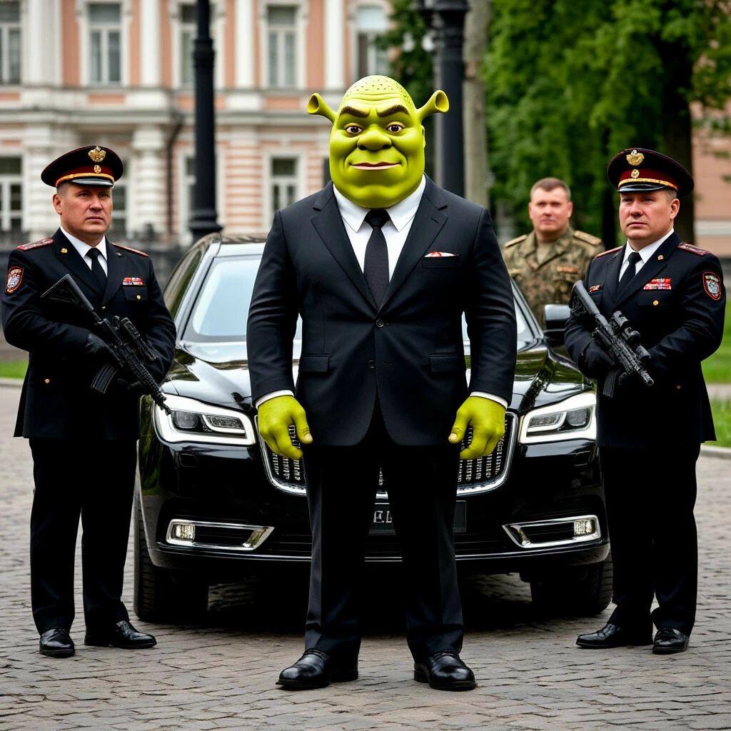 Шрек стоит возле автомобиля Aurus Senat а рядом с ним стоит его вооруженная охрана(FBI). Источник: Шедеврум