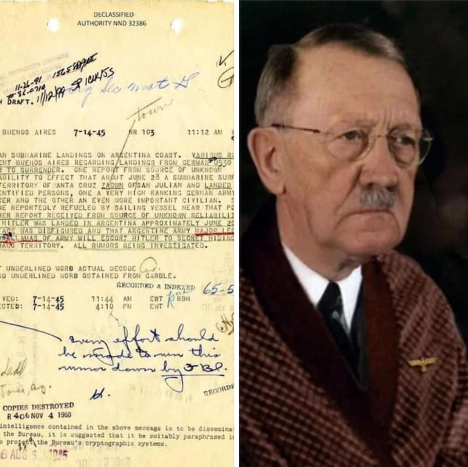 Отчет ЦРУ о транспортировке Гитлера в Аргентину 20 июня 1945 года. 
