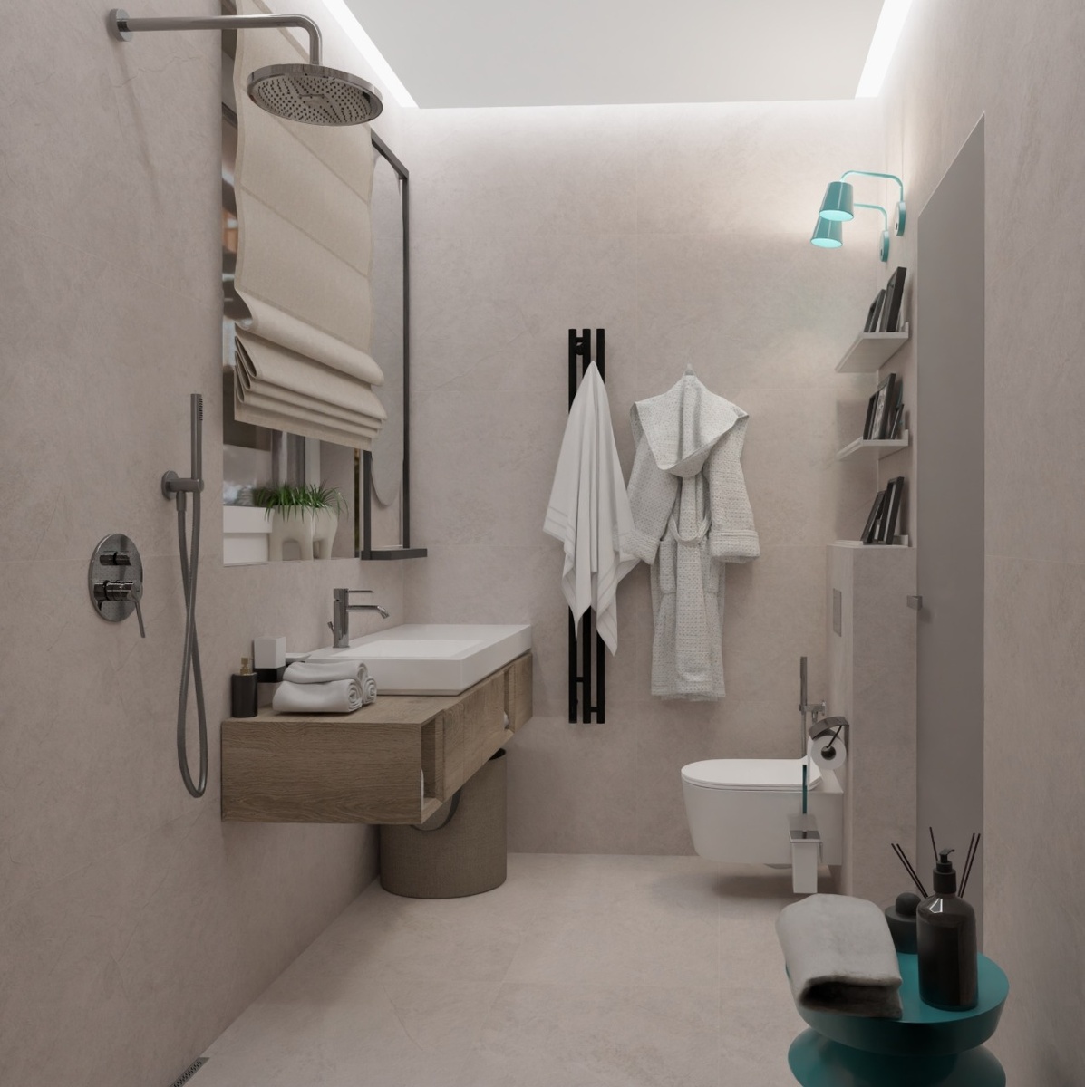 Санузел со встроенной душевой системой и подвесным унитазом