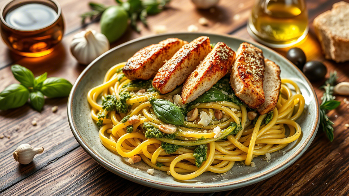 Паста с курицей в соусе песто