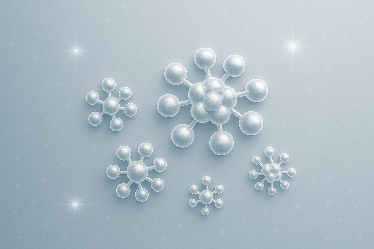 Визуализация структуры кластерного серебра. Каждая сфера — наночастица менее 10 нм, соединённая в устойчивую кластерную систему.