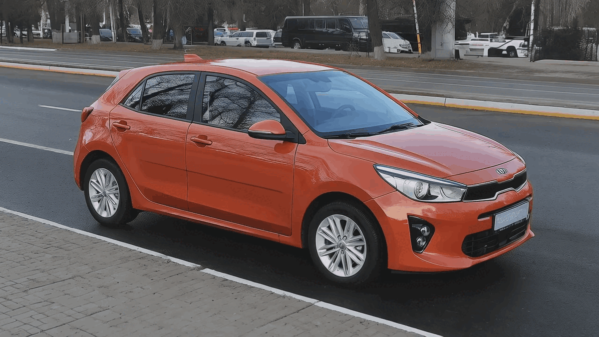 Передний правый колесный диск Kia Rio X вплотную приближается к бордюру — финальный аккорд в симфонии городского вождения.